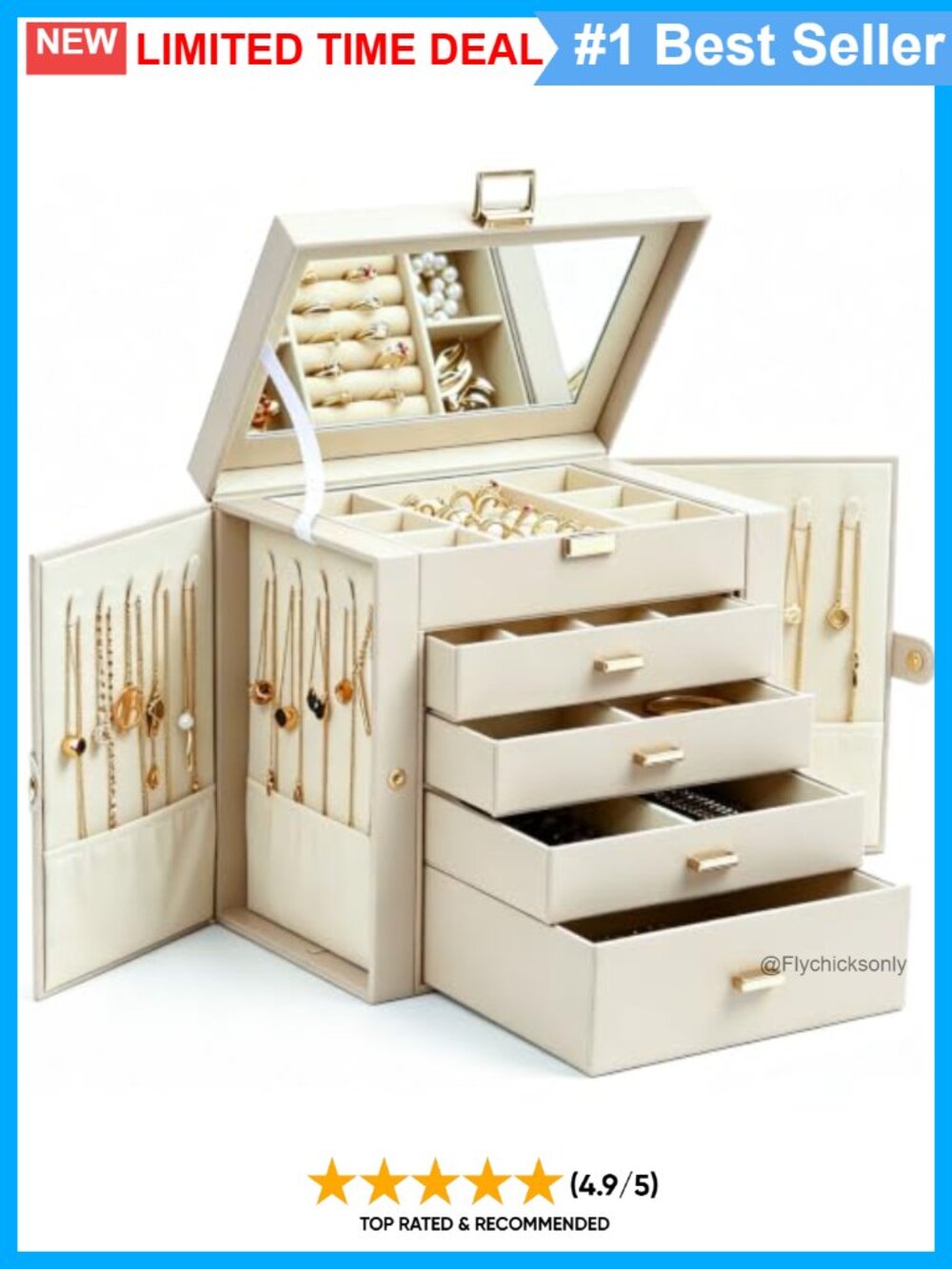 Large Jewelry Organizer Box PU Leather 5 Layer Mirror Gift